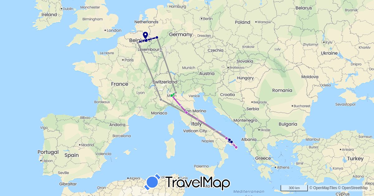 TravelMap itinerary: driving, bus, plane, train in Belgium, Germany, Italy (Europe)